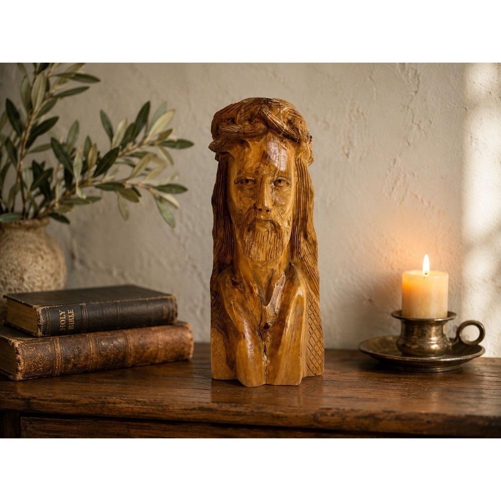 Vintage Hand Carved Olive Wood Jesus Bust Crown of Thorns Sculpture 8.5"